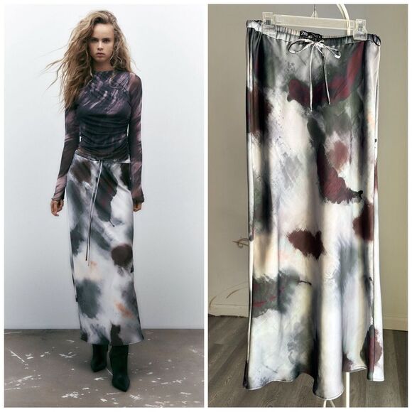 Zara Satin Effect Printed Skirt New - Picture 1 of 10